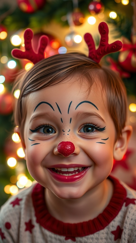 A child with reindeer Christmas makeup, smiling in a festive setting.